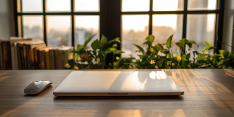 Closed silver laptop and wireless mouse on wooden desk by window with green plants and sunlight