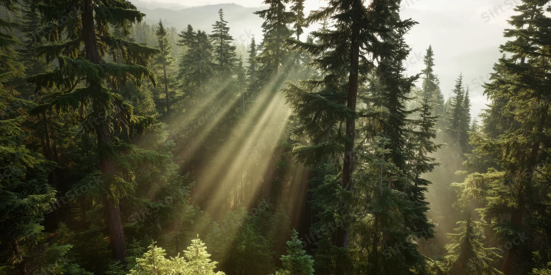 Sunlight filtering through tall evergreen trees in a misty forest at dawn