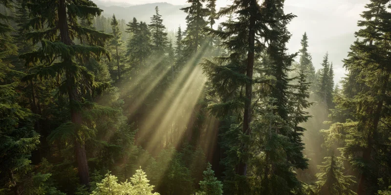 Forest with sun rays filtering through tall evergreens