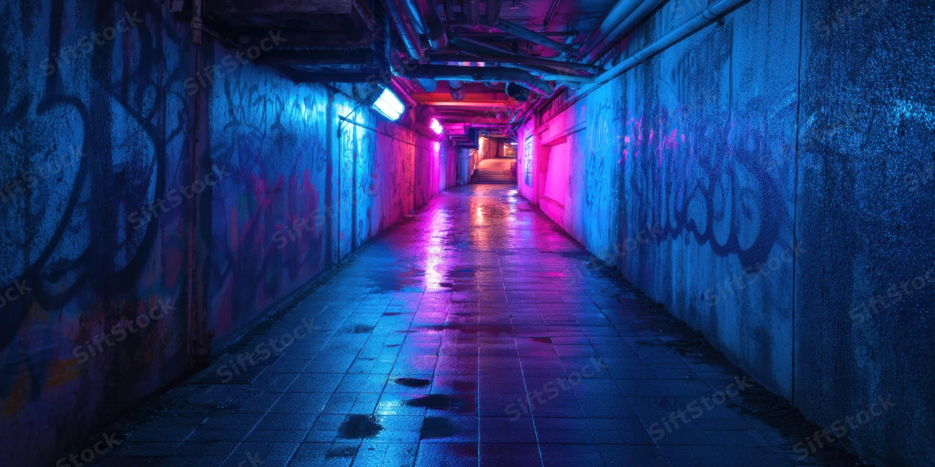 Neon-lit urban tunnel with graffiti-covered walls and wet tiled floor reflecting blue and pink light