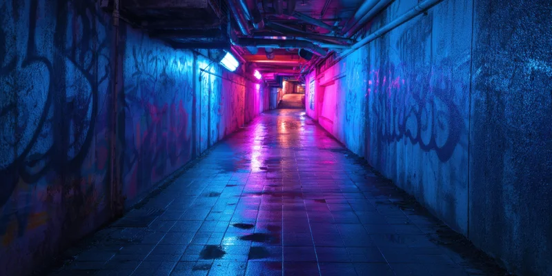 Neon-lit urban tunnel with graffiti-covered walls and wet tiled floor reflecting blue and pink light