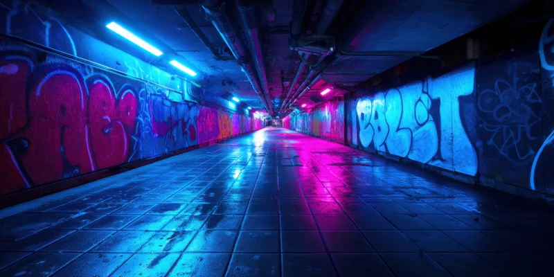 Neon-lit urban tunnel with graffiti-covered walls and wet reflective floor