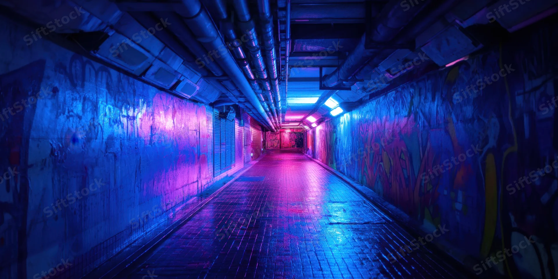 Neon-lit urban tunnel with graffiti-covered walls and wet pavement reflecting blue and pink light