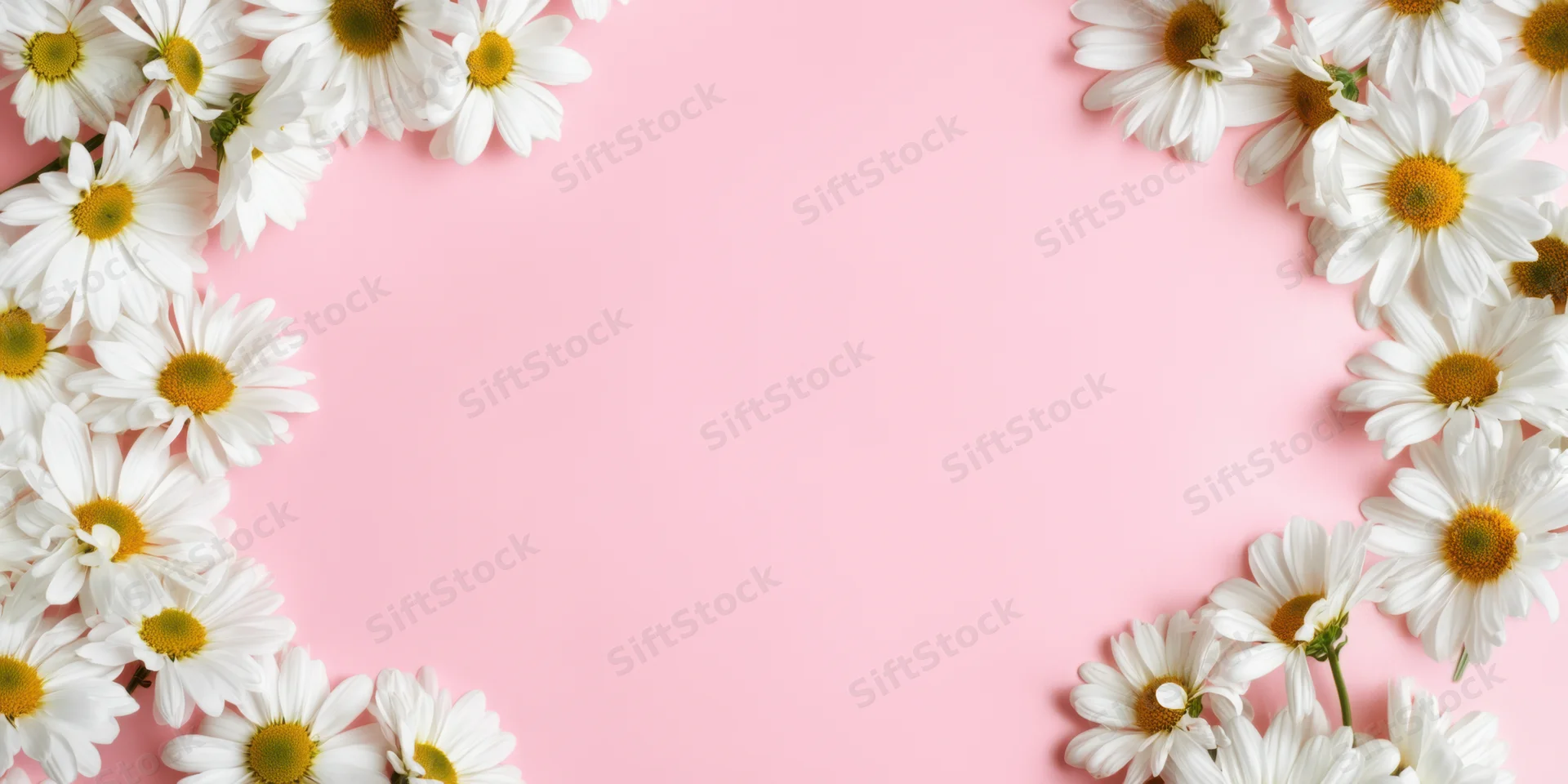 White daisies arranged in a border along the edges of a pastel pink background with copyspace in the center