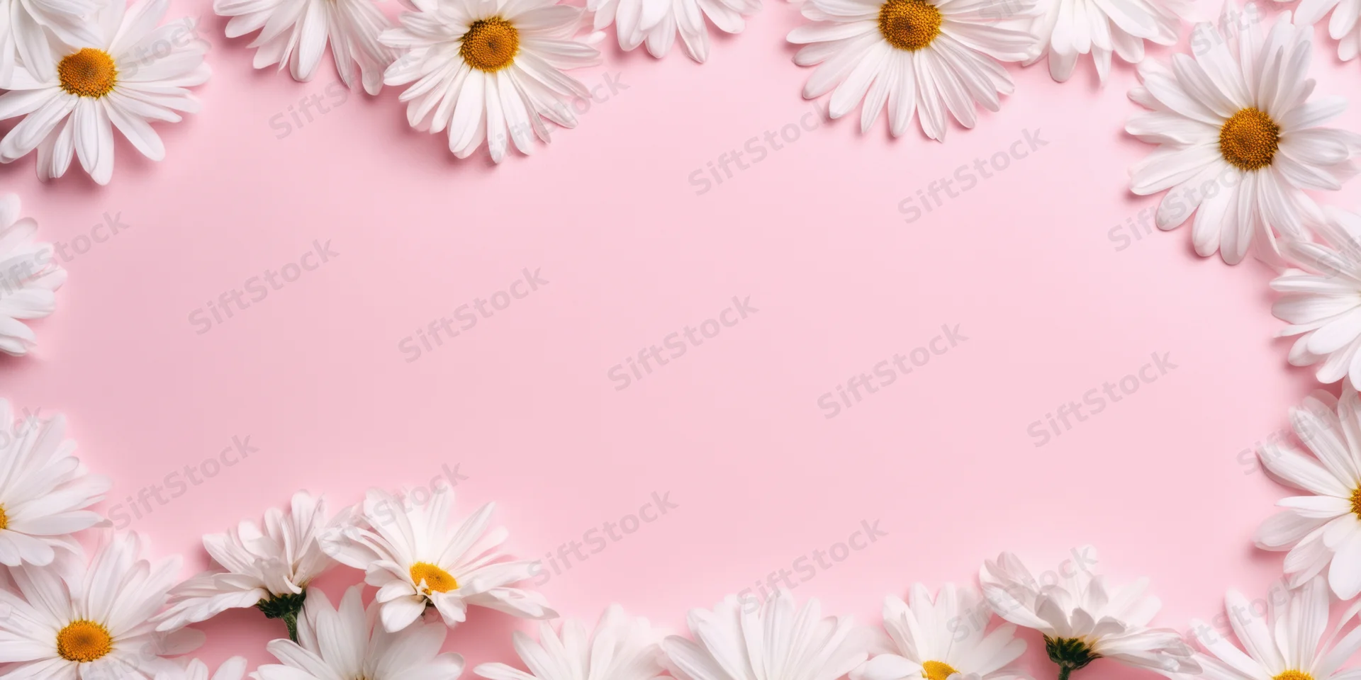 White daisies arranged in a frame along the edges of a pastel pink background