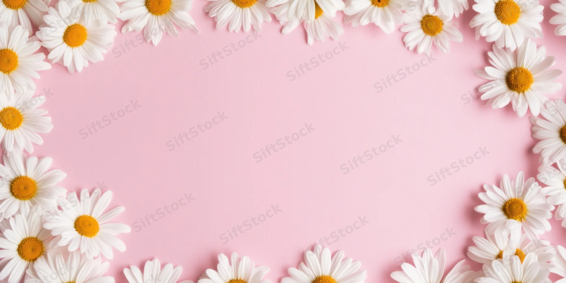 White daisies arranged in a frame on a pastel pink background with copyspace in the center