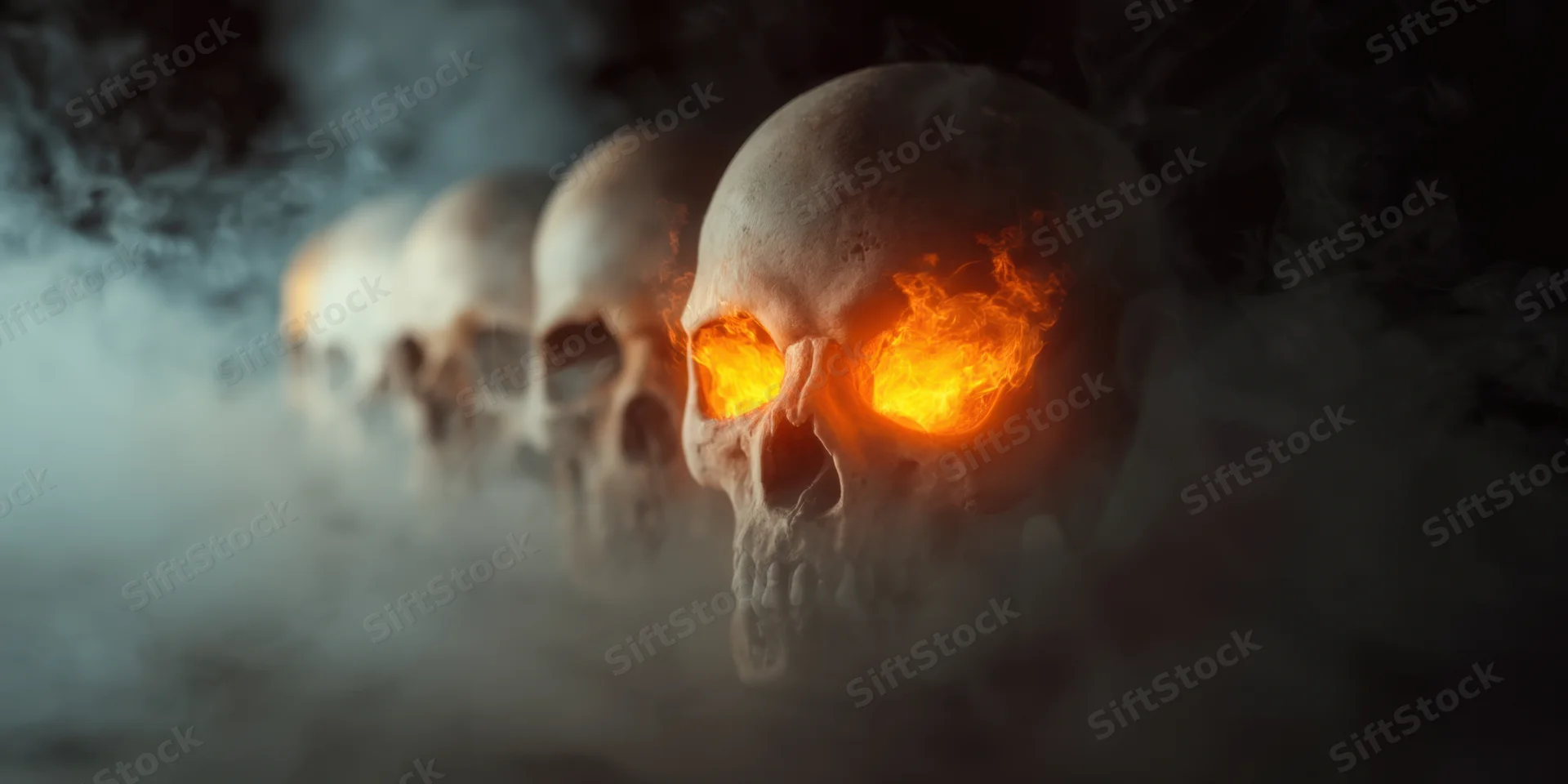 Row of skulls with glowing fiery eyes emerging from swirling smoke