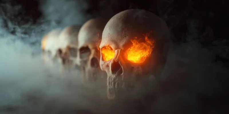 Row of skulls with glowing fiery eyes emerging from swirling smoke