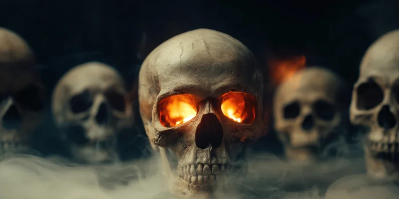 Row of skulls with glowing eyes emerging from swirling smoke