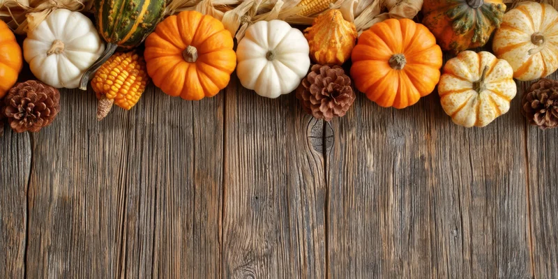Row of pumpkins, gourds, corn and pinecones arranged along top of rustic wooden table with copyspace below