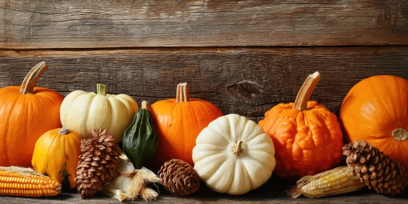 Row of pumpkins and gourds arranged on rustic wooden surface with corn and pinecones for autumn decoration
