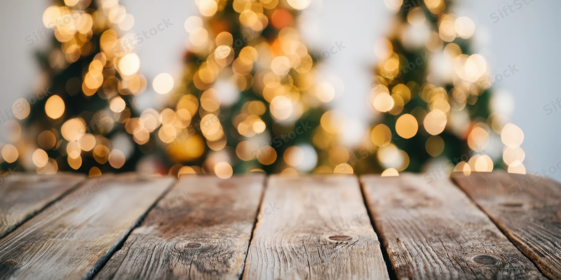 Rustic wooden table in foreground with blurred christmas trees and bokeh lights in background