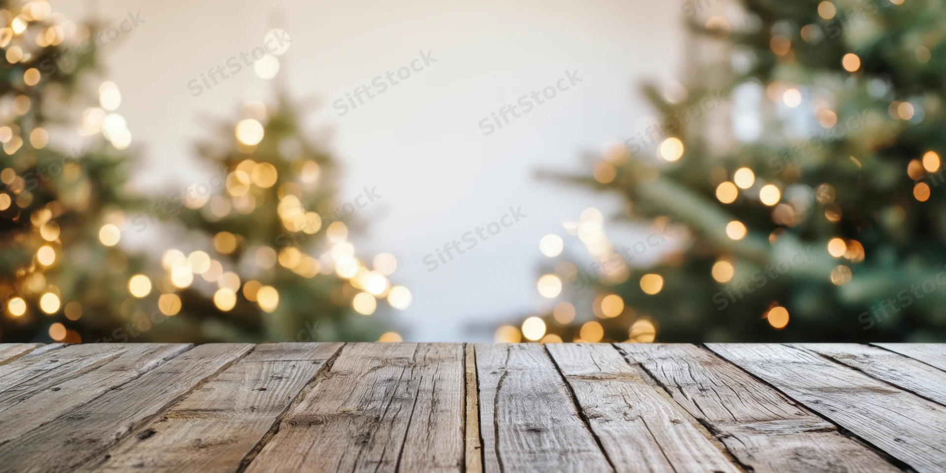 Rustic wooden table in foreground with blurred christmas trees and lights in background