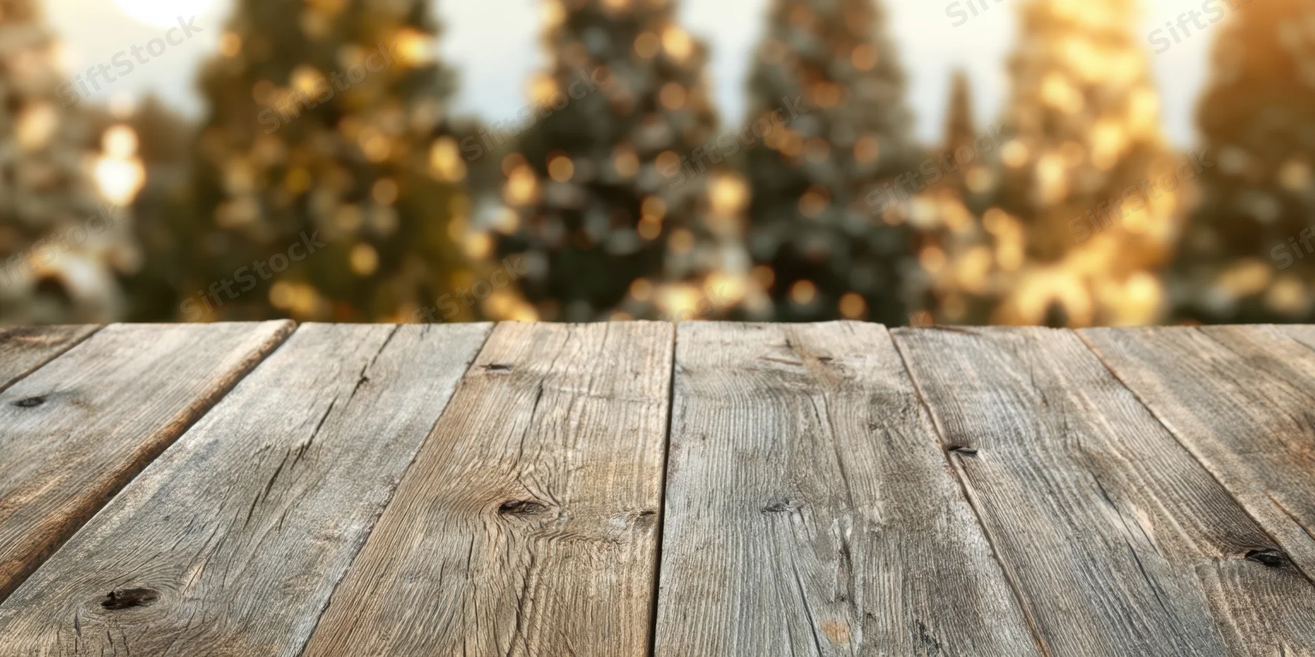 Rustic wooden table with weathered planks in front of blurred forest at sunset