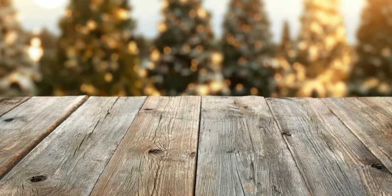 Rustic wooden table in the foreground with weathered planks