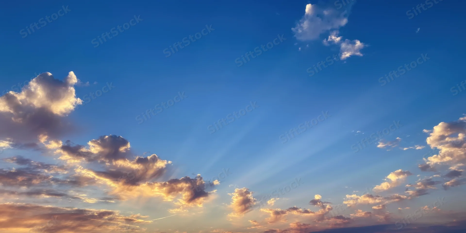 Sunrise sky with scattered clouds and golden light rays transitioning from cobalt blue to warm gold