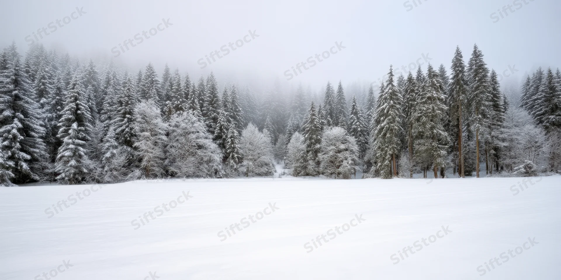 Snow-covered evergreen forest with tall trees under foggy sky in winter landscape