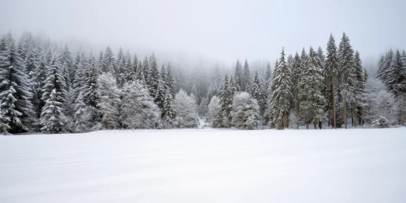 Snow-covered evergreen forest with tall trees under foggy sky in winter landscape