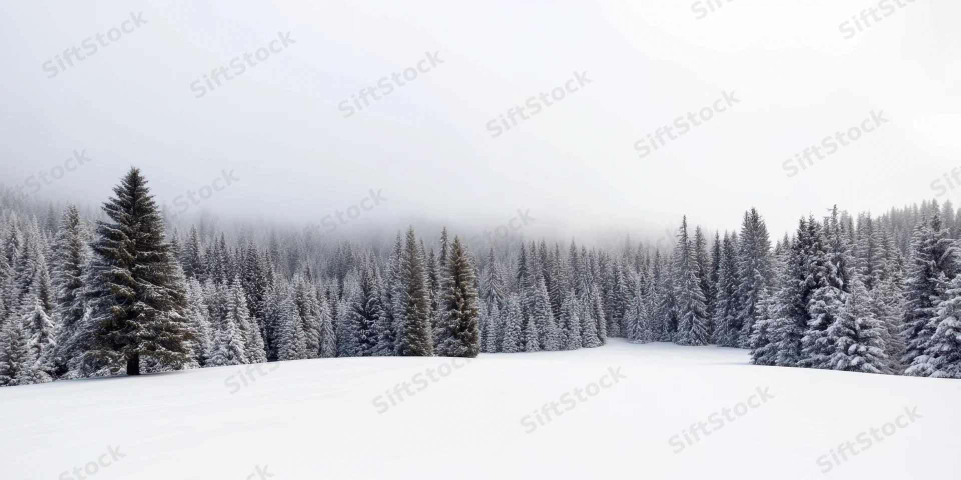 Snow-covered evergreen forest with tall pine trees under foggy sky in winter mountain landscape