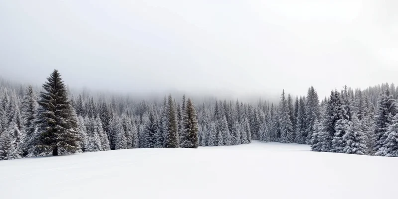Snow-covered evergreen forest with tall pine trees under foggy sky in winter mountain landscape