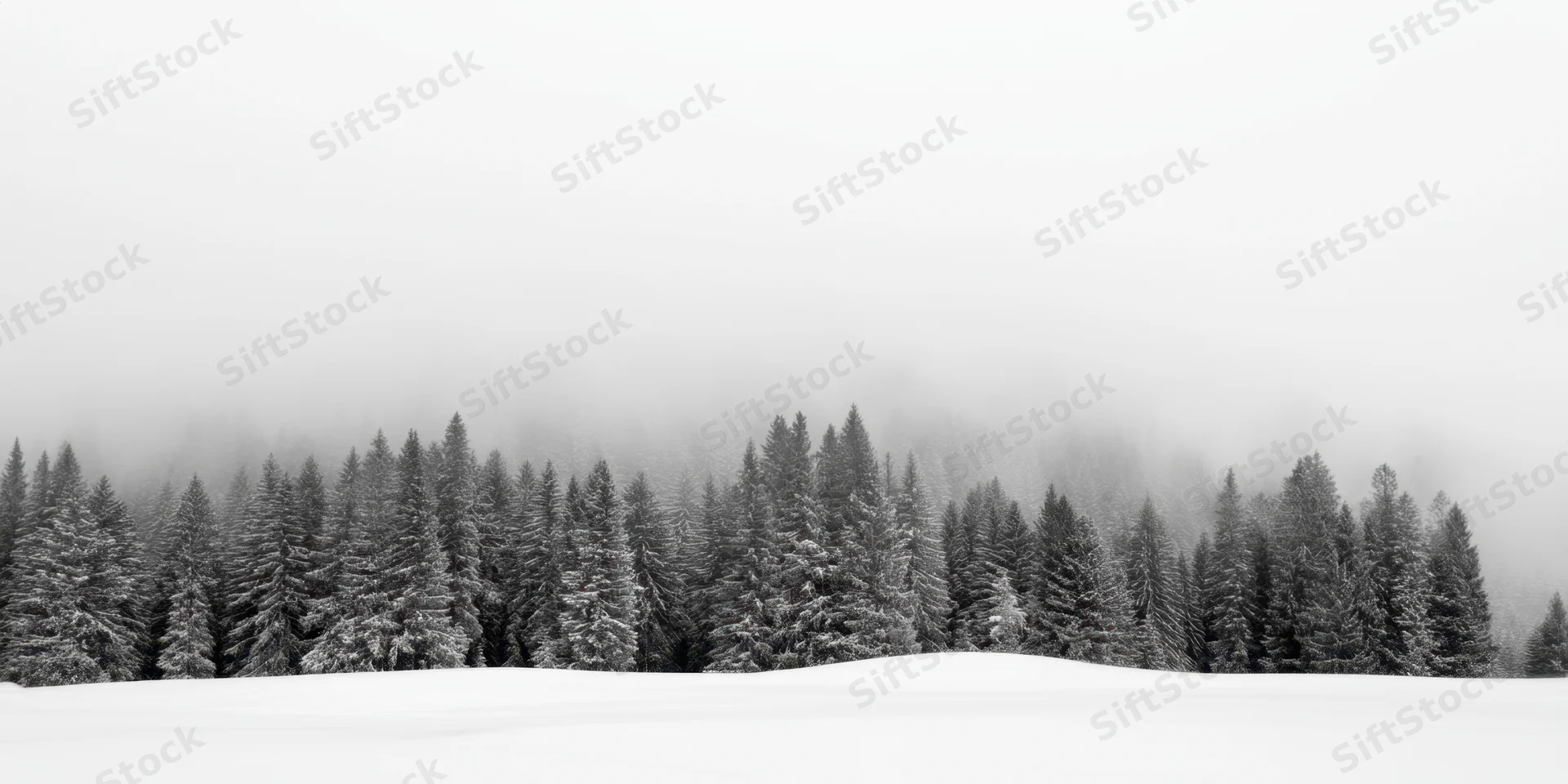 Snow-covered evergreen forest under foggy sky in winter mountain landscape
