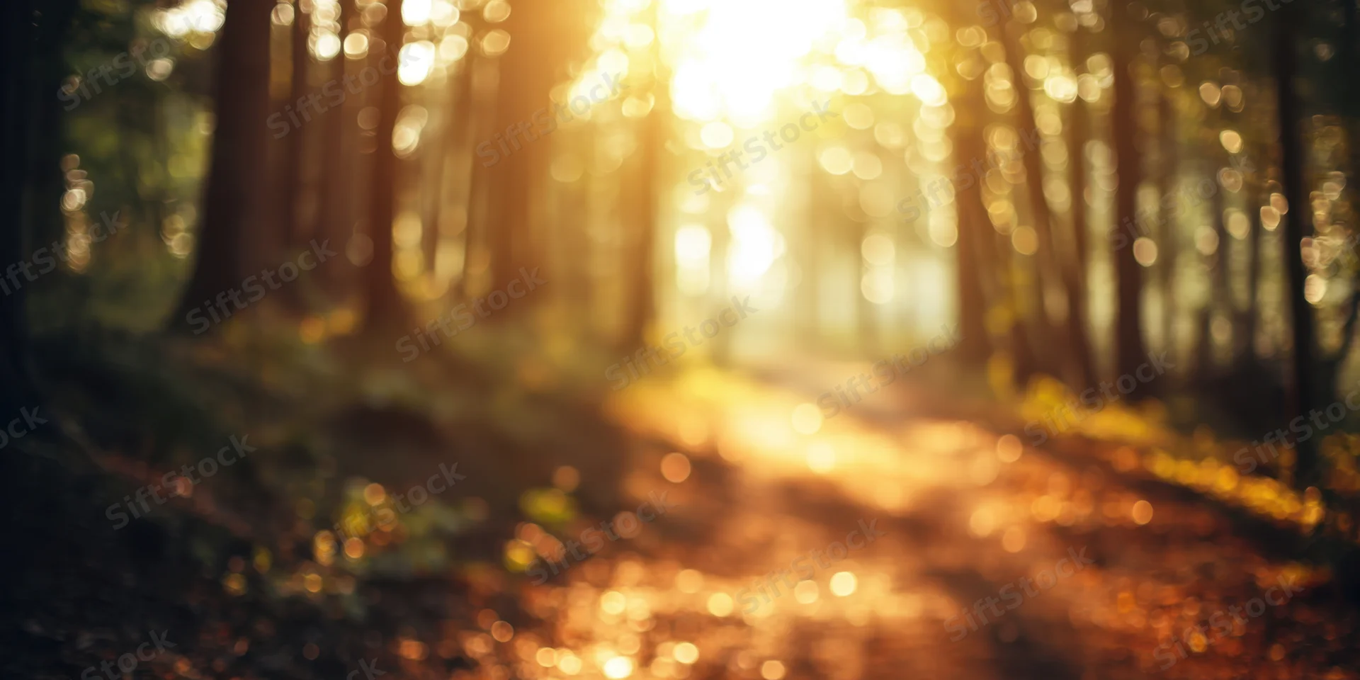 Sunlit forest path with soft bokeh lights and warm golden glow