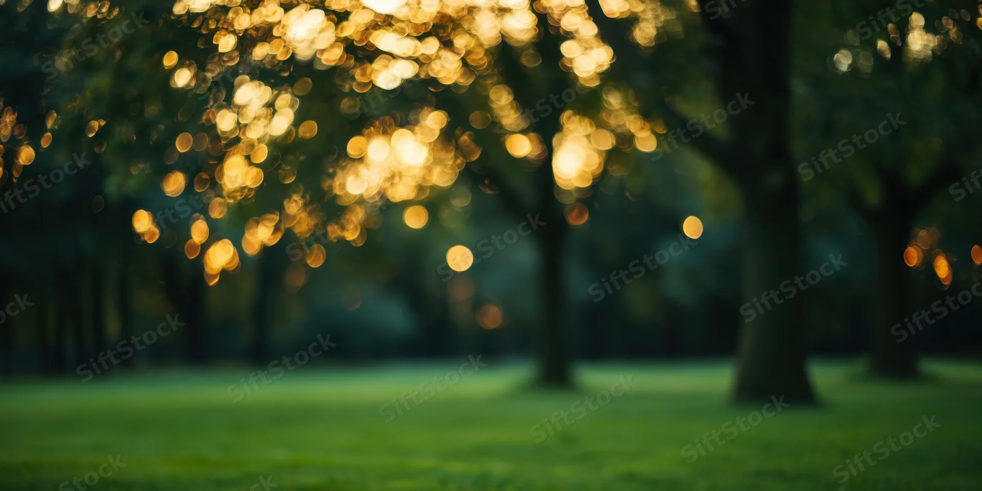 Lush green lawn in a park with blurred trees and golden bokeh sunlight filtering through foliage