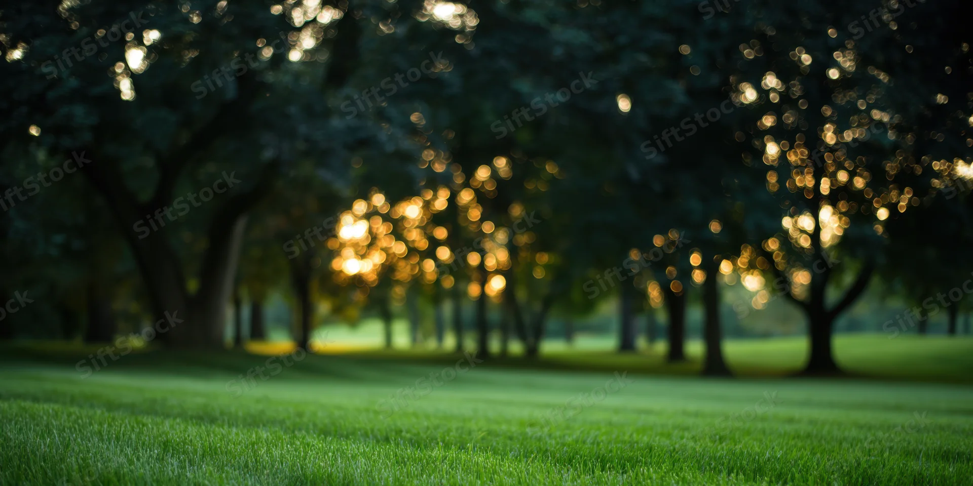 Lush green lawn in a park with trees and dappled sunlight creating bokeh in the background