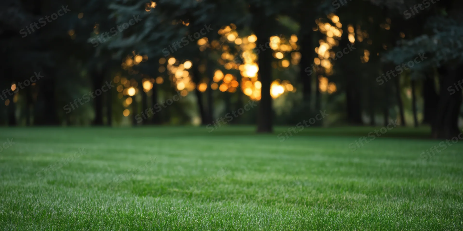 Lush green lawn in a park with trees and golden bokeh lights in the background