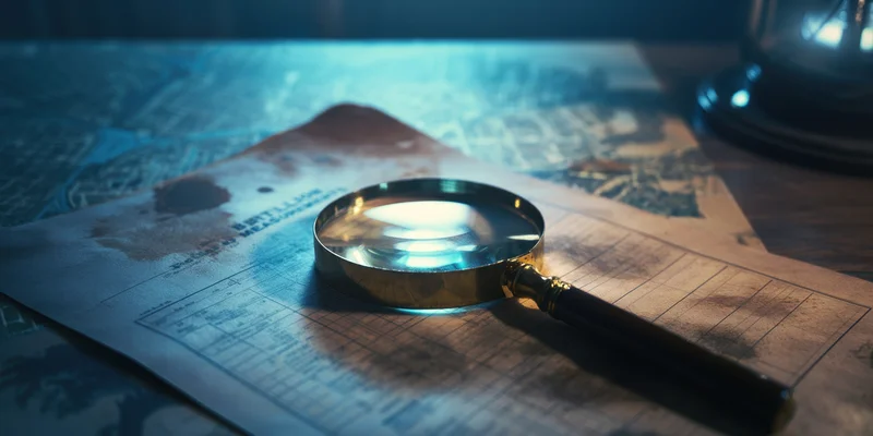 Magnifying glass resting on aged documents and map on a dimly lit vintage investigation desk