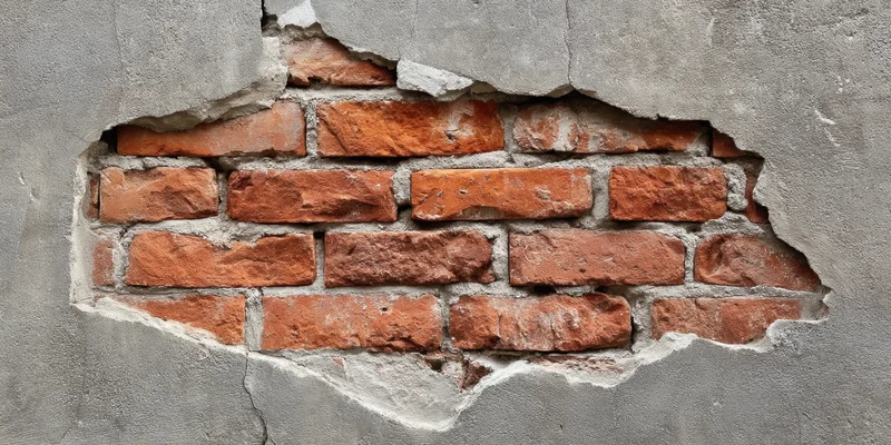 Damaged concrete wall revealing red brick underneath