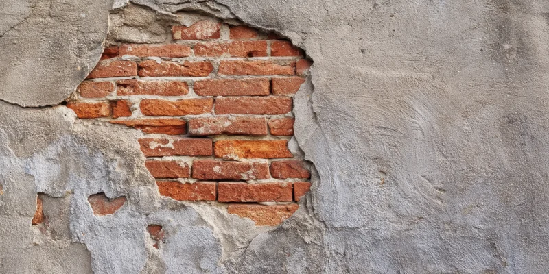 Weathered concrete wall with large irregular crack exposing red brick beneath