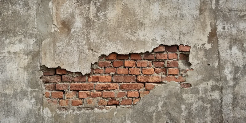 Weathered concrete wall with exposed red bricks and peeling plaster