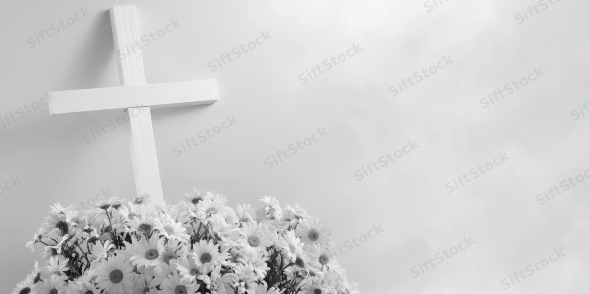 White cross leaning against pale wall with bouquet of white daisies at base