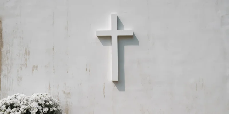 White cross mounted on a weathered light-colored wall with white flowering bush below