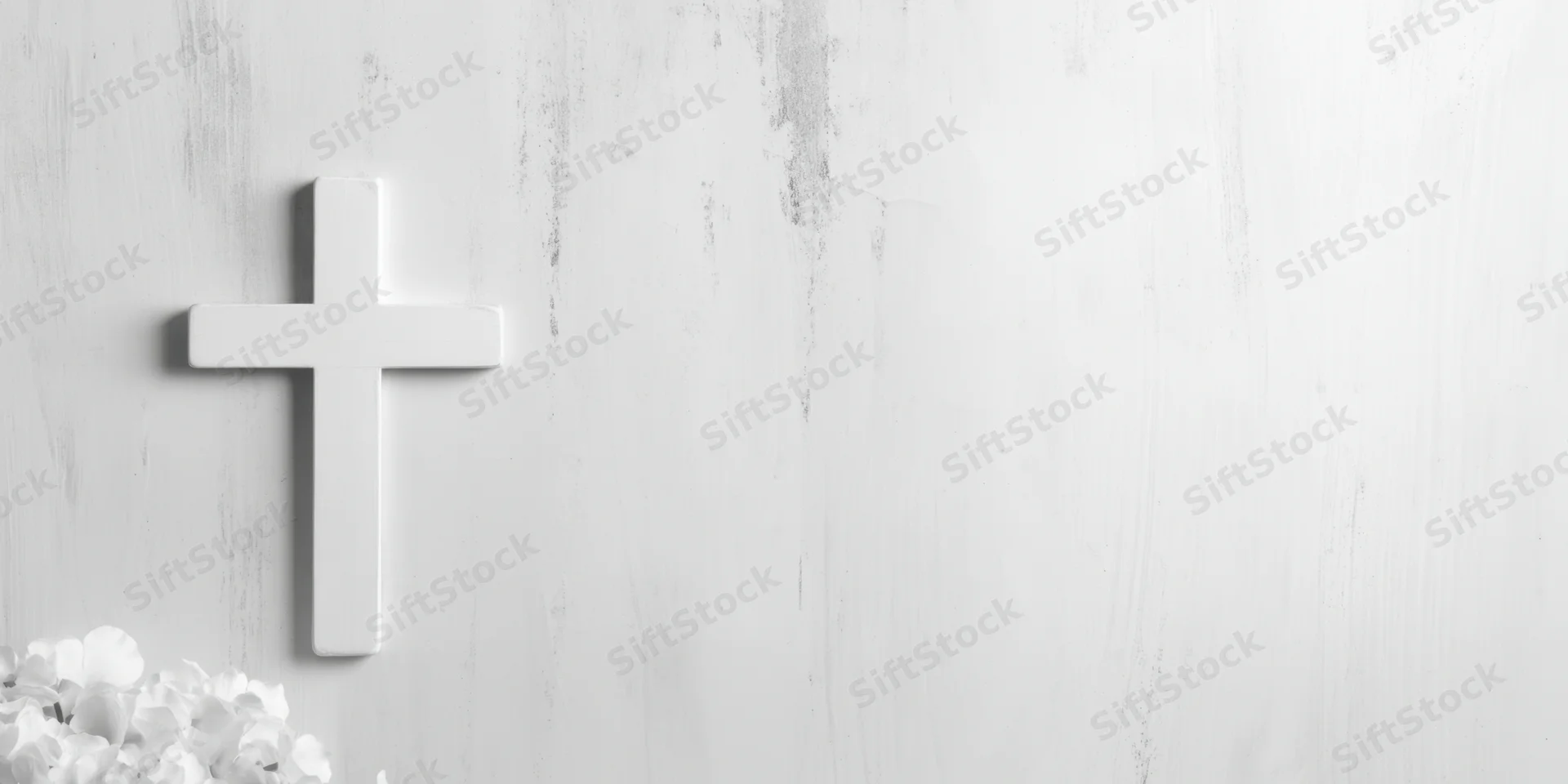 White cross mounted on a light weathered wall with white flowers at the base