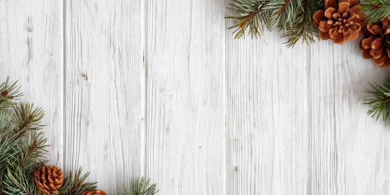 Pine branches and pinecones arranged in corners on a white wooden surface with visible grain, leaving central copyspace
