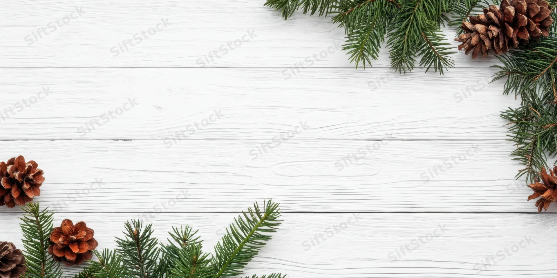 Pine branches and pinecones arranged as a border on a white wooden surface with visible grain, leaving copyspace in the center
