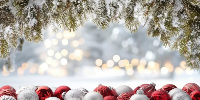 Snow-dusted pine branches framing red and silver ornaments with bokeh lights in the background