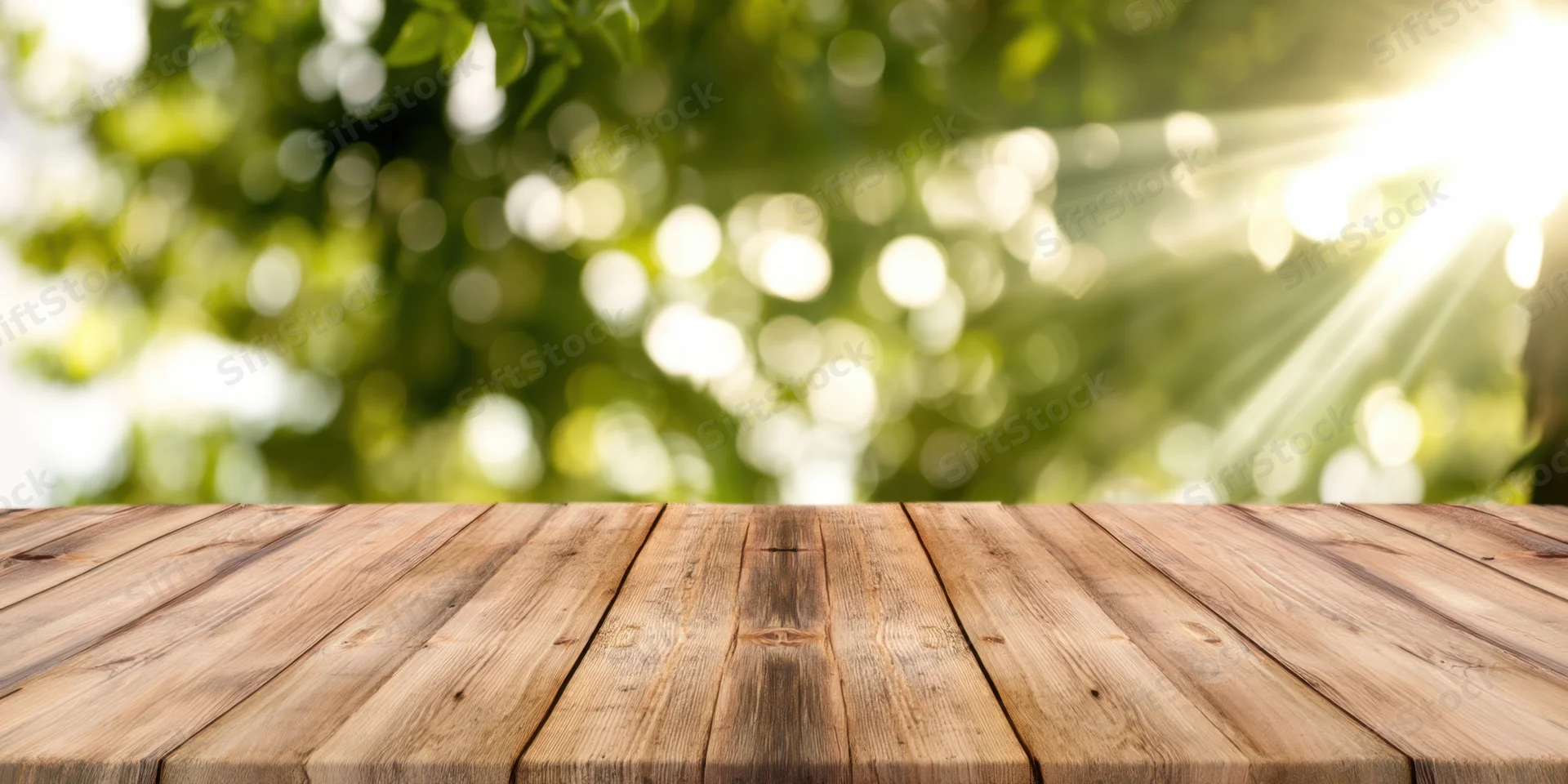Wooden tabletop in sharp focus with blurred sunlit greenery behind