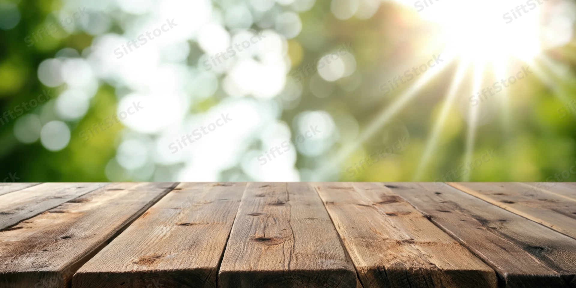 Wooden tabletop in sharp focus with sunlit green bokeh background
