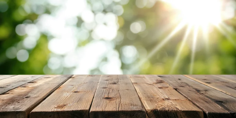Wooden tabletop in sharp focus with sunlit green bokeh background