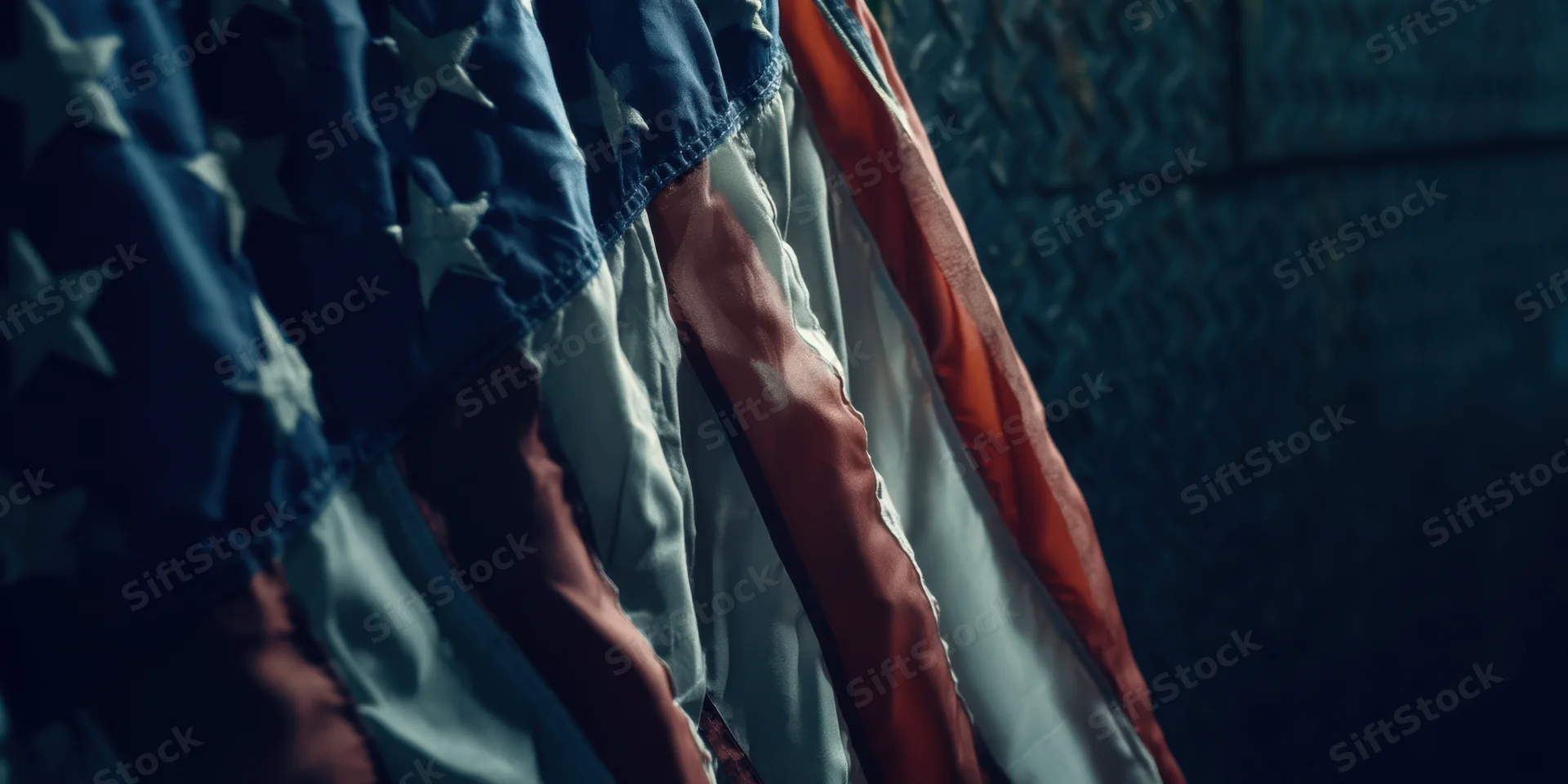 Folded american flag with blue field and stars visible against a dark textured surface
