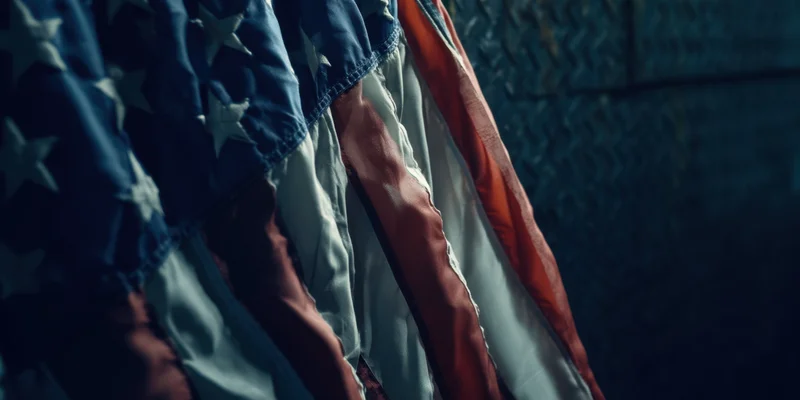 Folded american flag with blue field and stars visible against a dark textured surface