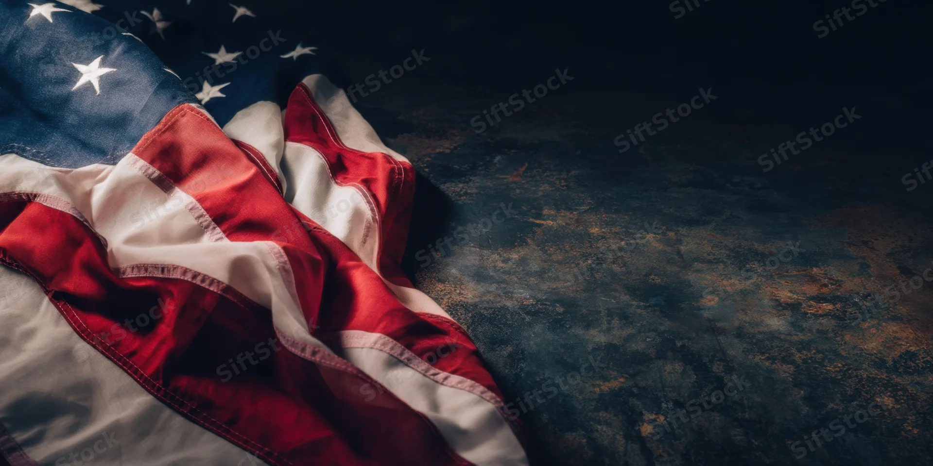 American flag folded and draped on a dark textured surface with copyspace