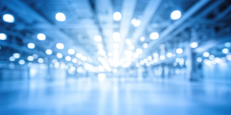 Blurred industrial interior with bright overhead lights and reflective floor