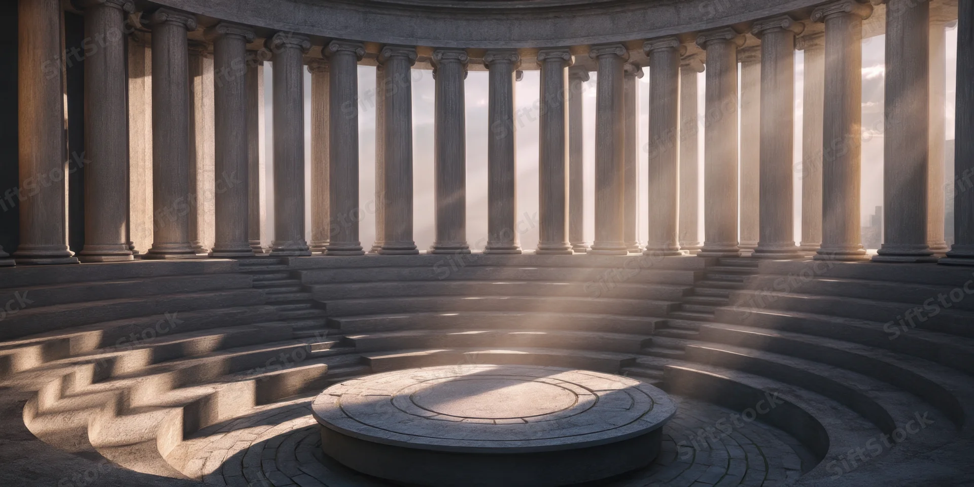 Ancient circular stone arena with tall columns and tiered seating under sunlight