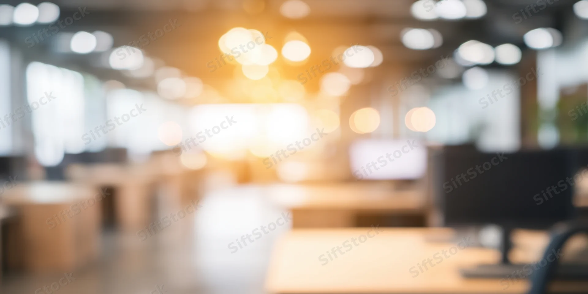 Empty modern office interior with light wood desks and computer monitors, blurred background with warm ambient lighting