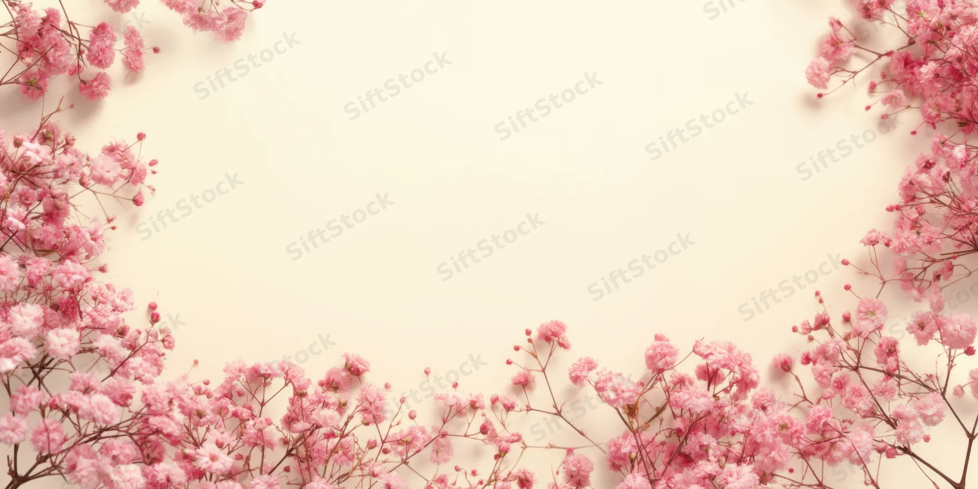 Delicate pink baby's-breath blossoms arranged in a frame on a pale cream background with copyspace