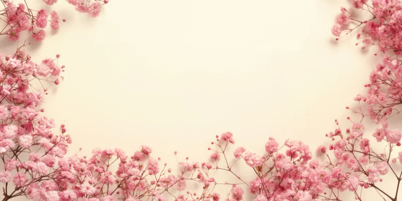 Delicate pink baby's-breath blossoms arranged in a frame on a pale cream background with copyspace